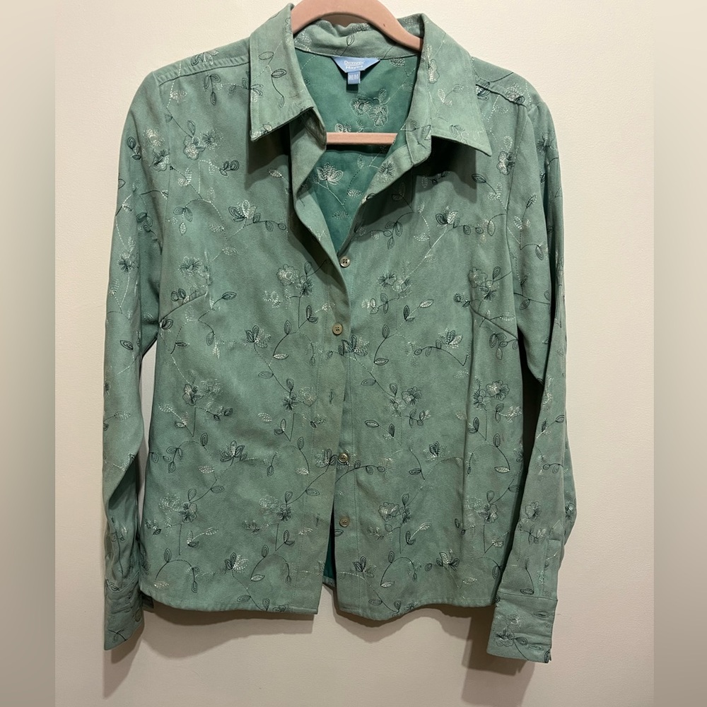 Denver Hayes Faux suede sea-foam green embroidered button-down - Size M